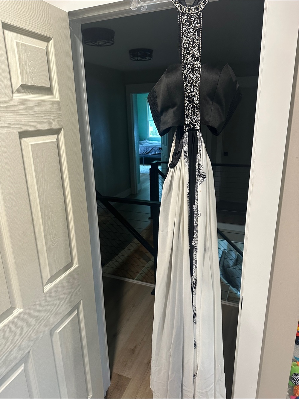 Black and White Embellished Halter Evening Dress